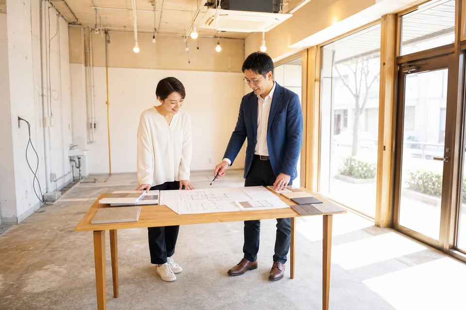 明るい店舗物件で図面と内装材を確認する店主と担当者