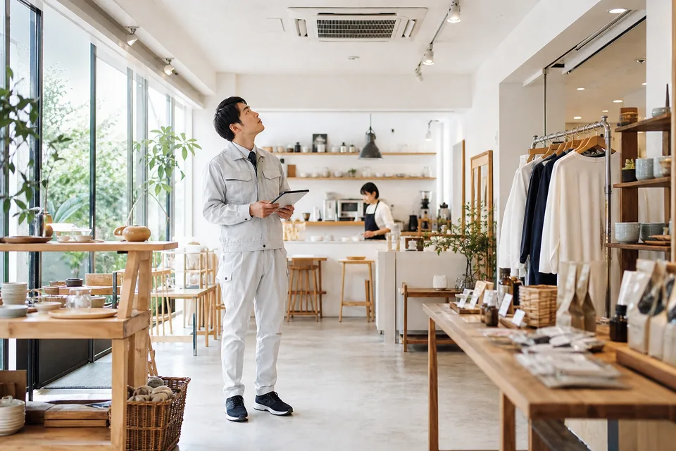営業中の明るい店舗で空調設備を確認する担当者