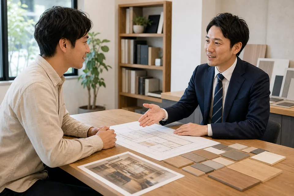 店舗の図面を広げて相談内容を整理するイメージ