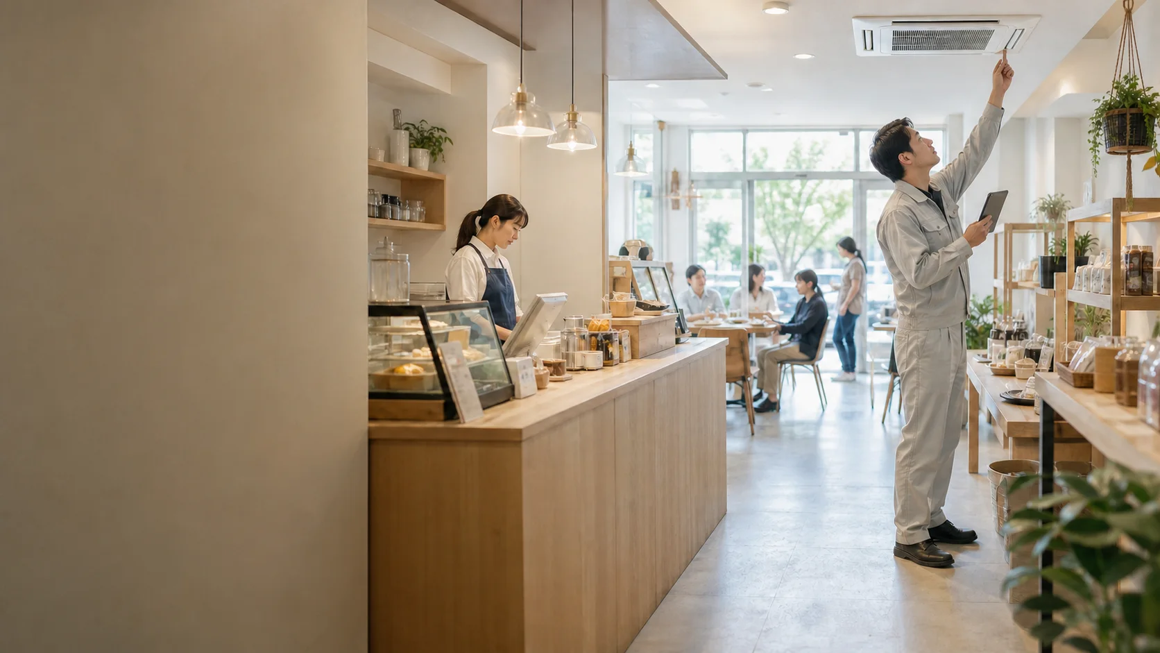 営業中の明るい店舗で空調設備を確認する現場調査のイメージ